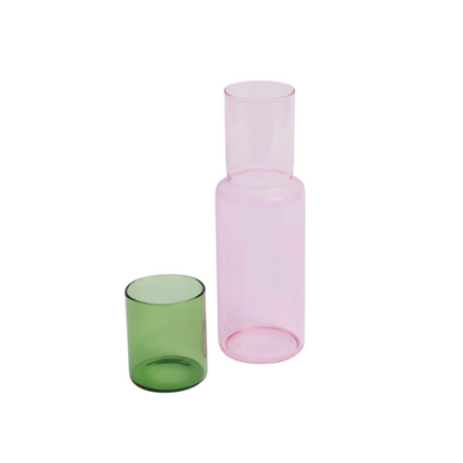 Duo Tone Pink Glass Carafe Set and Green Tumbler