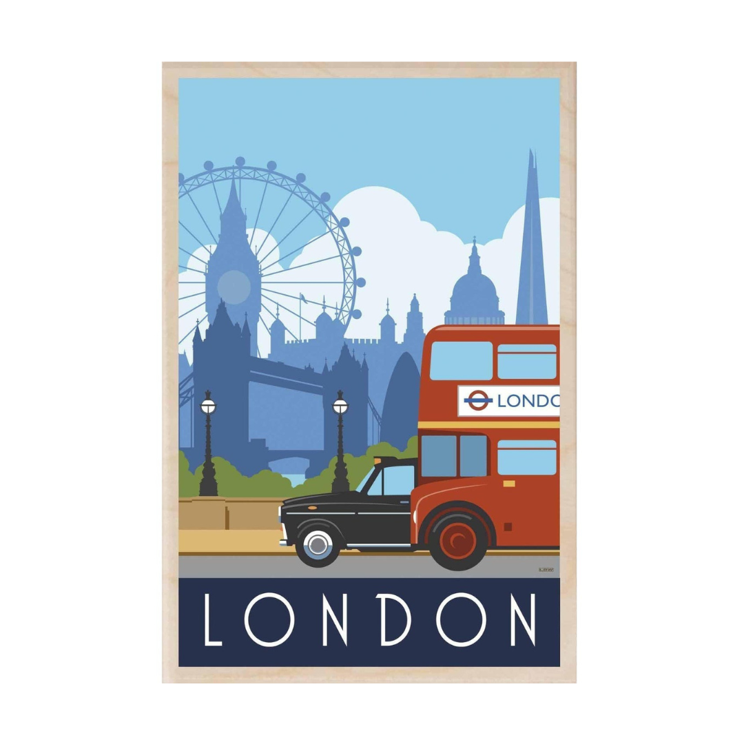 London Black Cab &amp; Red Bus Wooden Postcard