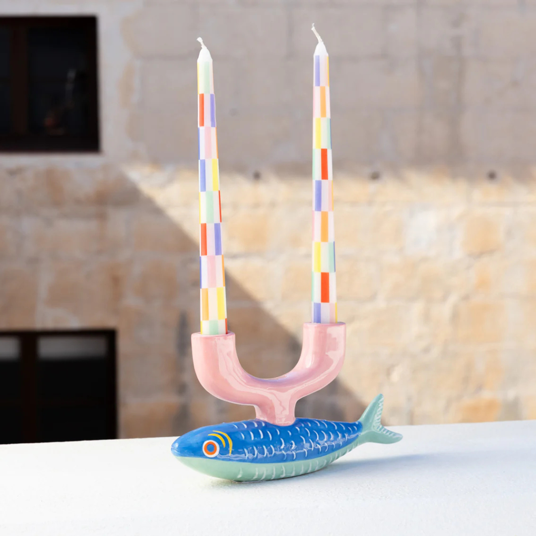 Ceramic Pink & Blue Fish Candle Holder