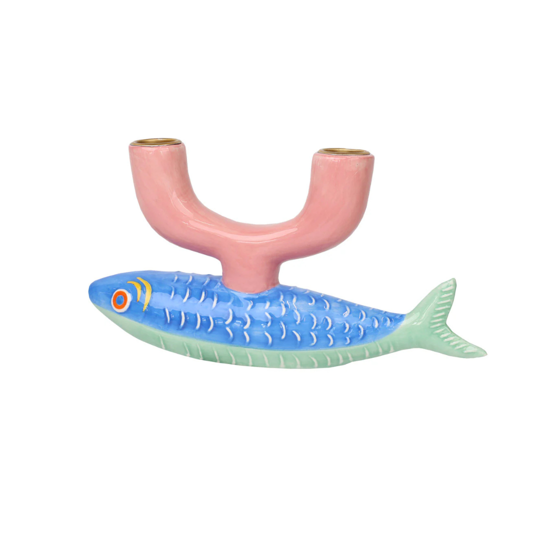 Ceramic Pink &amp; Blue Fish Candle Holder