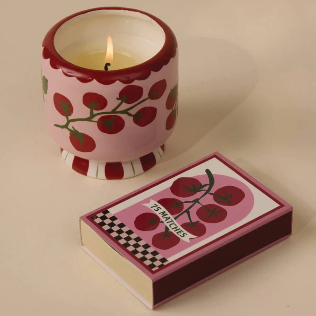 Pink &amp; Red &quot;Tomato Vine&quot; Ceramic Soy Wax Candle 8oz