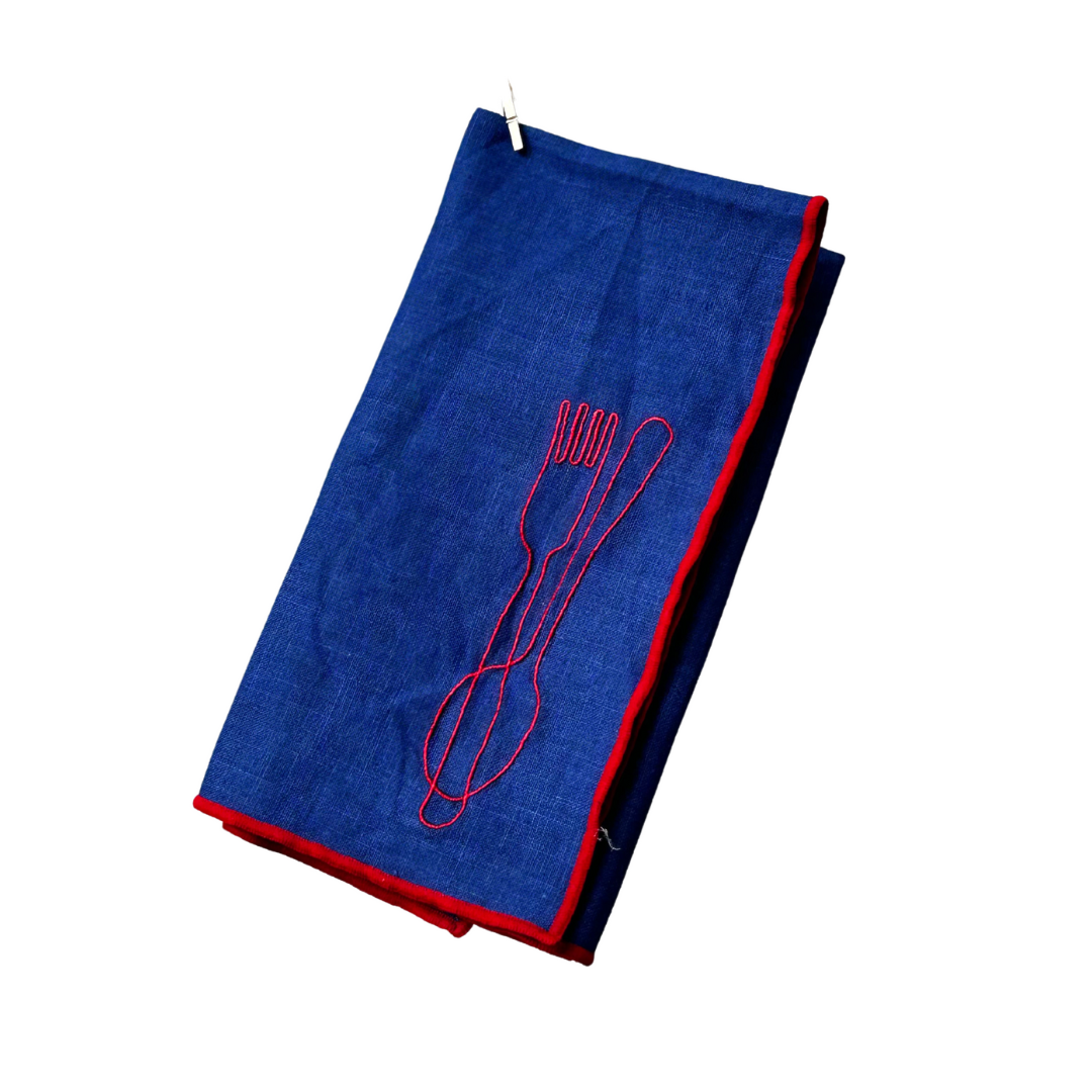 Embroidery Cuttlery Blue &amp; Red Napkin - Set Of 2